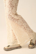 Cream Flare Pants in Floral Lace